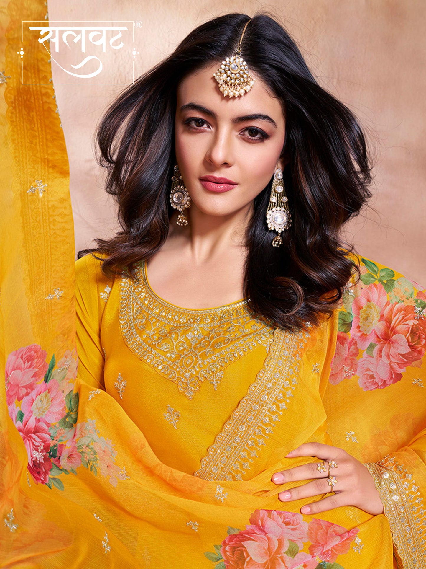 Yellow Butti Floral pattern Sequins Embroidered Sharara Suit Set