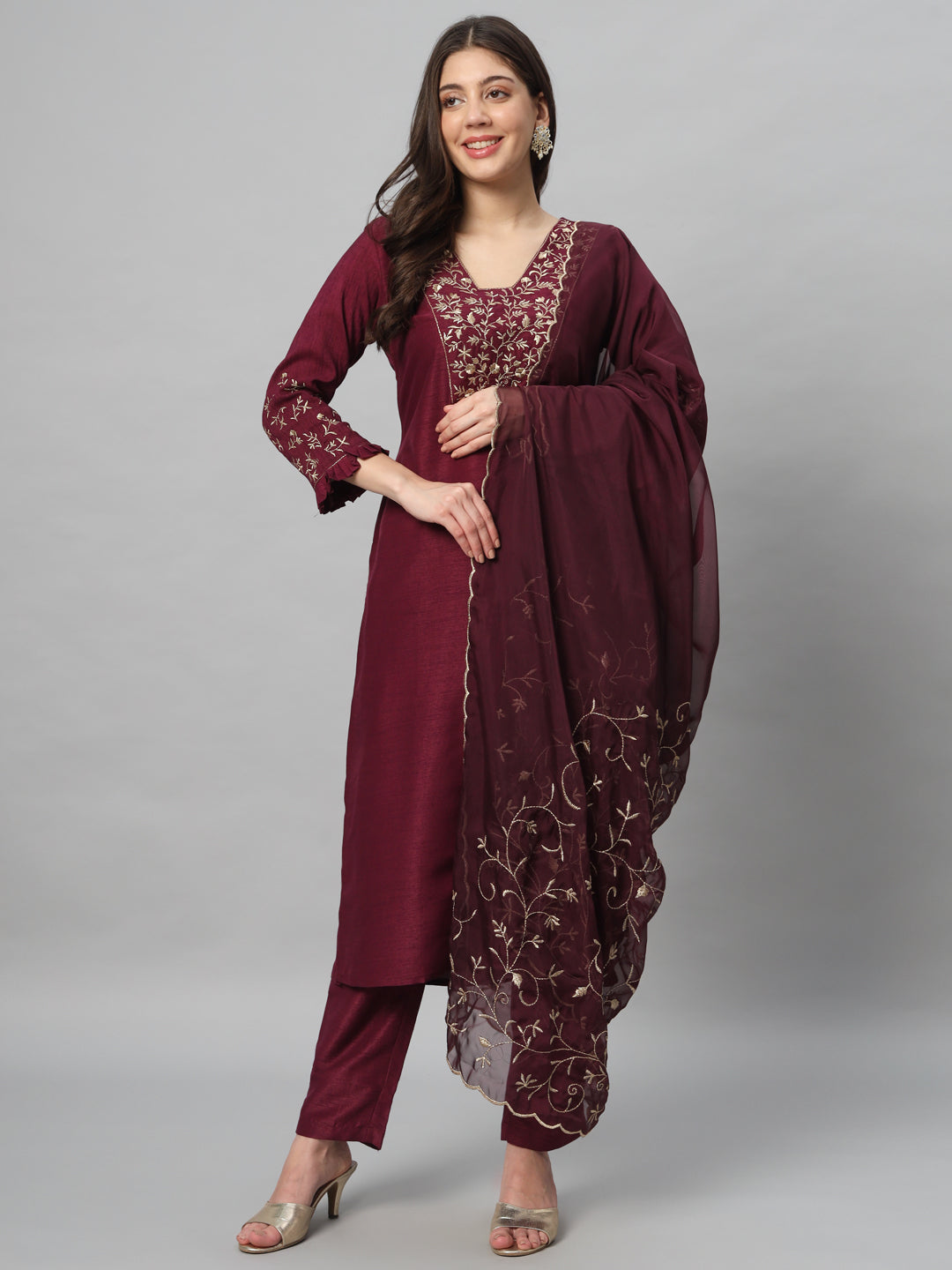 Wine Embroidery Viscose Kurta Sets