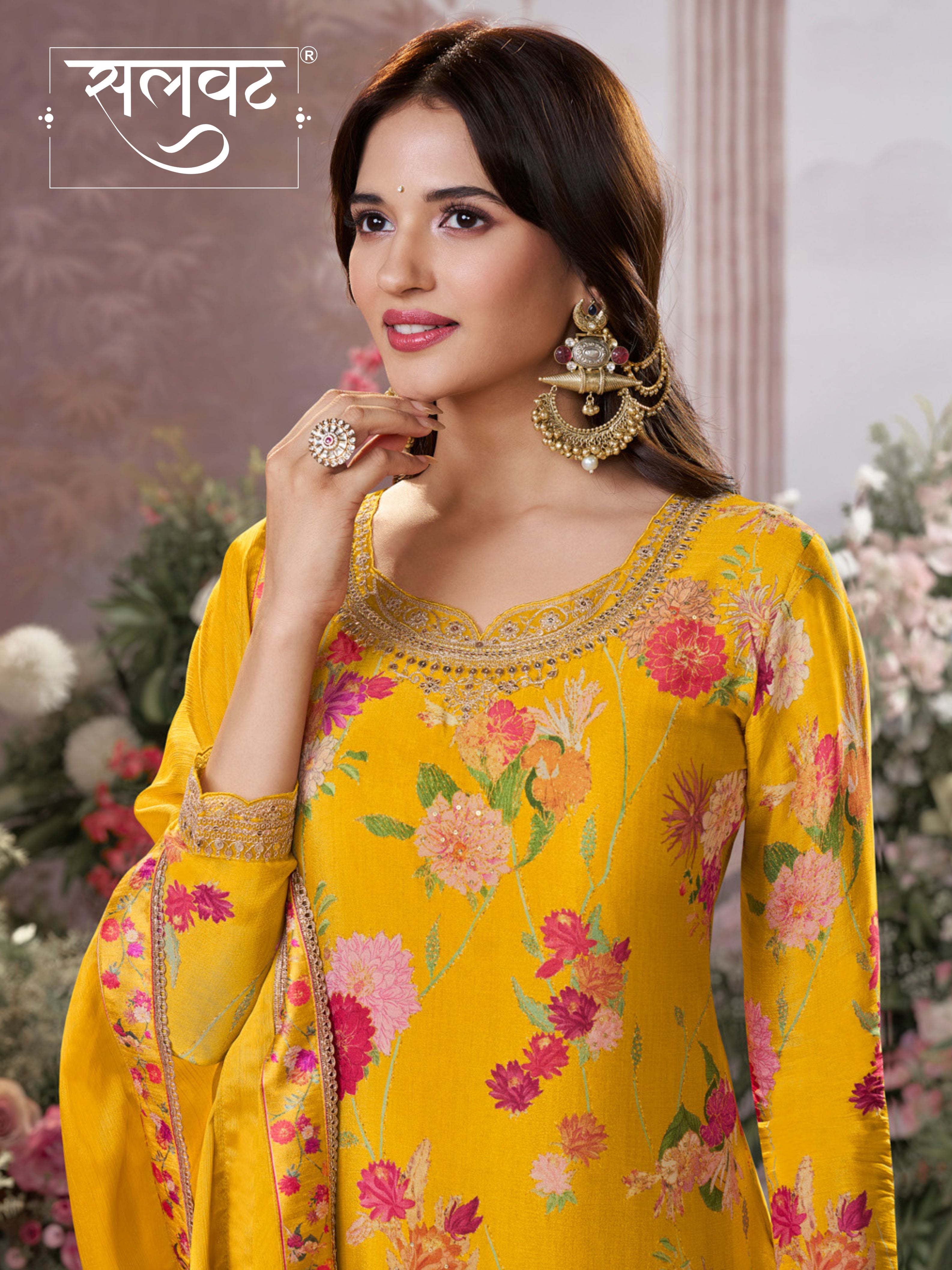 Yellow Chinon Sharara Set with Floral Print and Embroidery