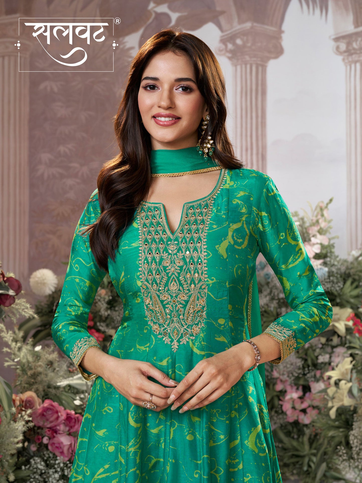 Green Digital Printed Mirror Embroidered Anarkali Suit Set