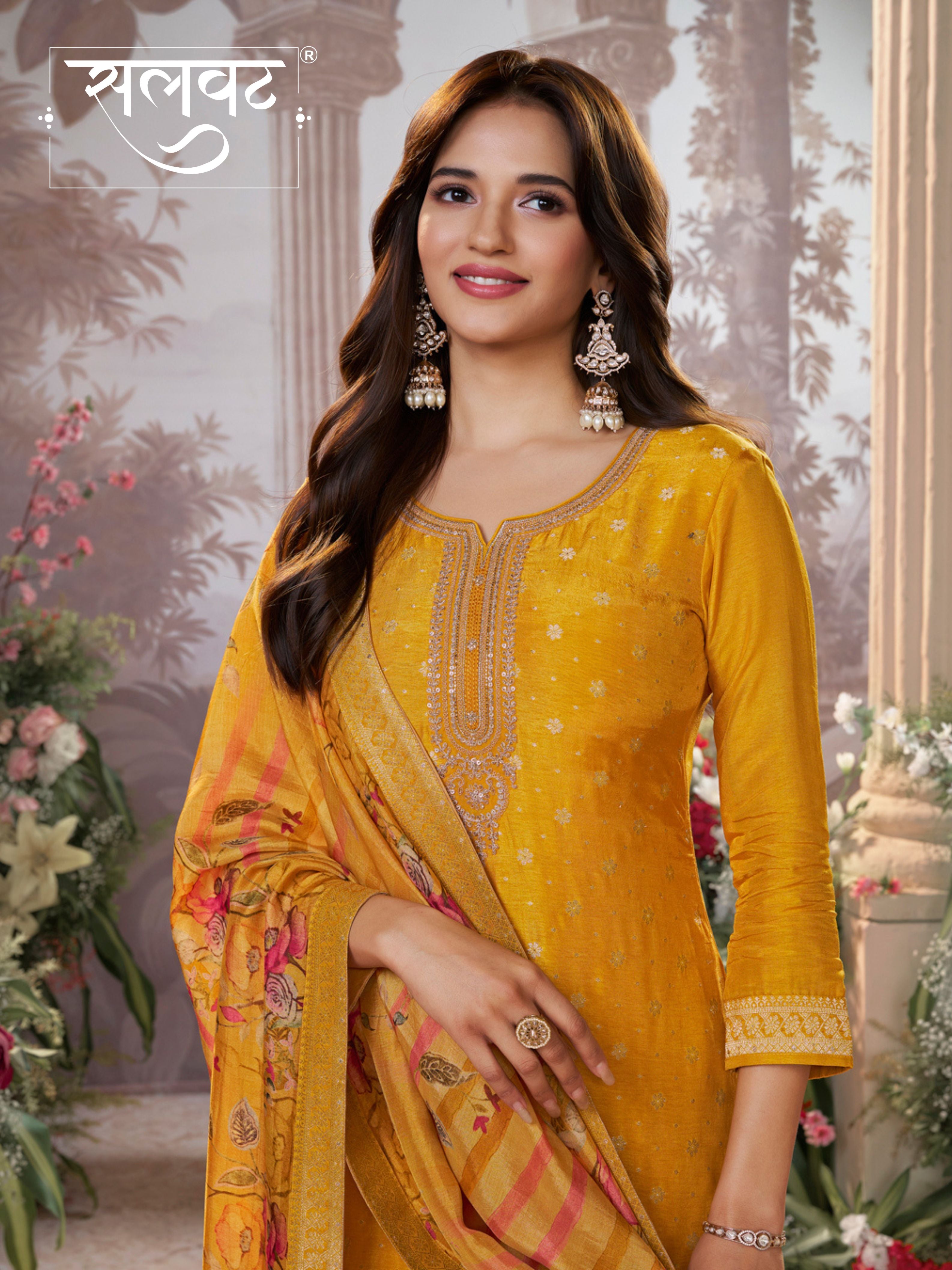 Yellow Dola Silk Kurta Set with Jacquard Detailing and Intricate Embroidery, Paired with a Cherry Silk Dupatta