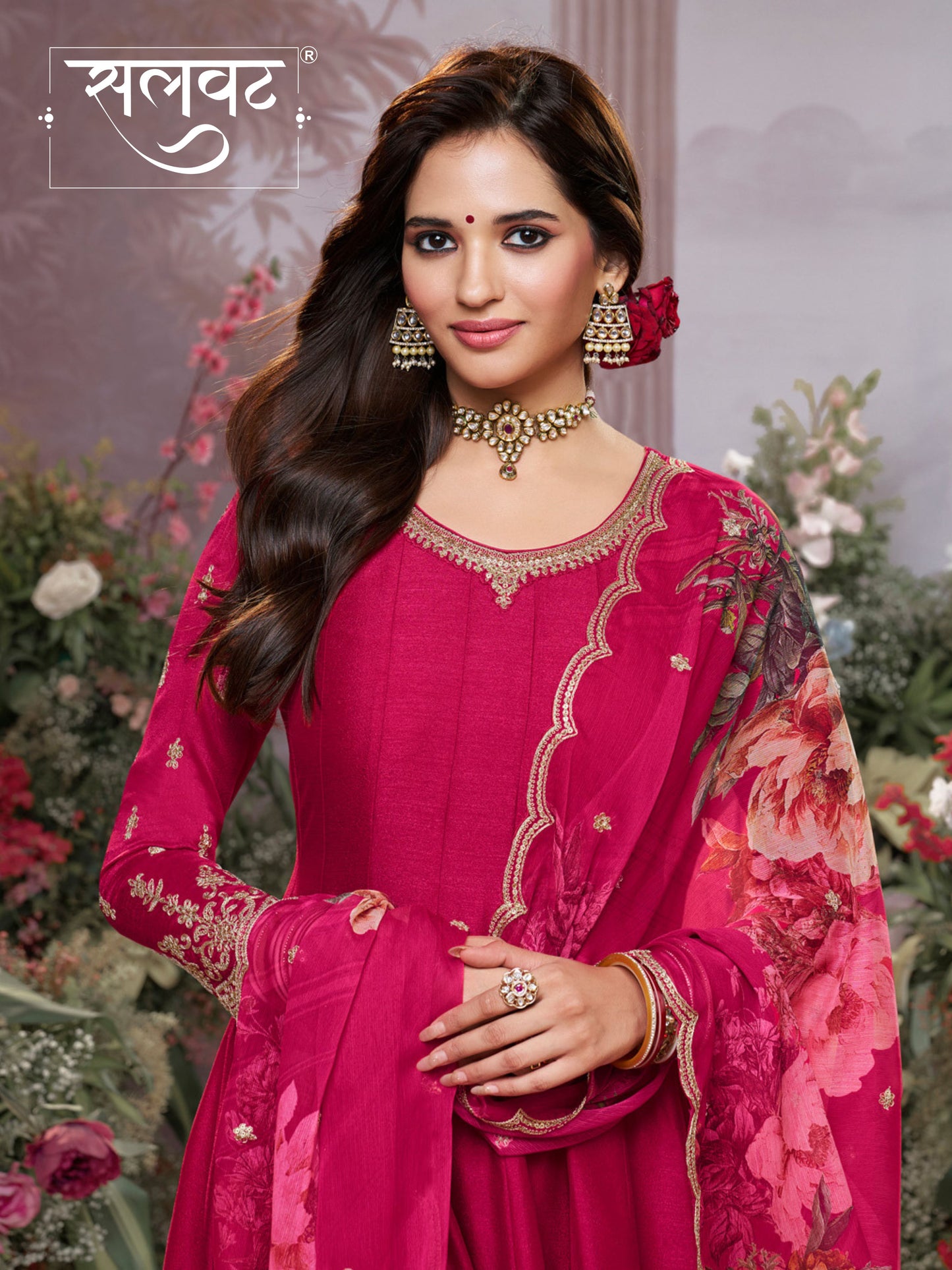 Pink Vichitra Silk Embroidered Anarkali Set with Digital Printed Chiffon Dupatta