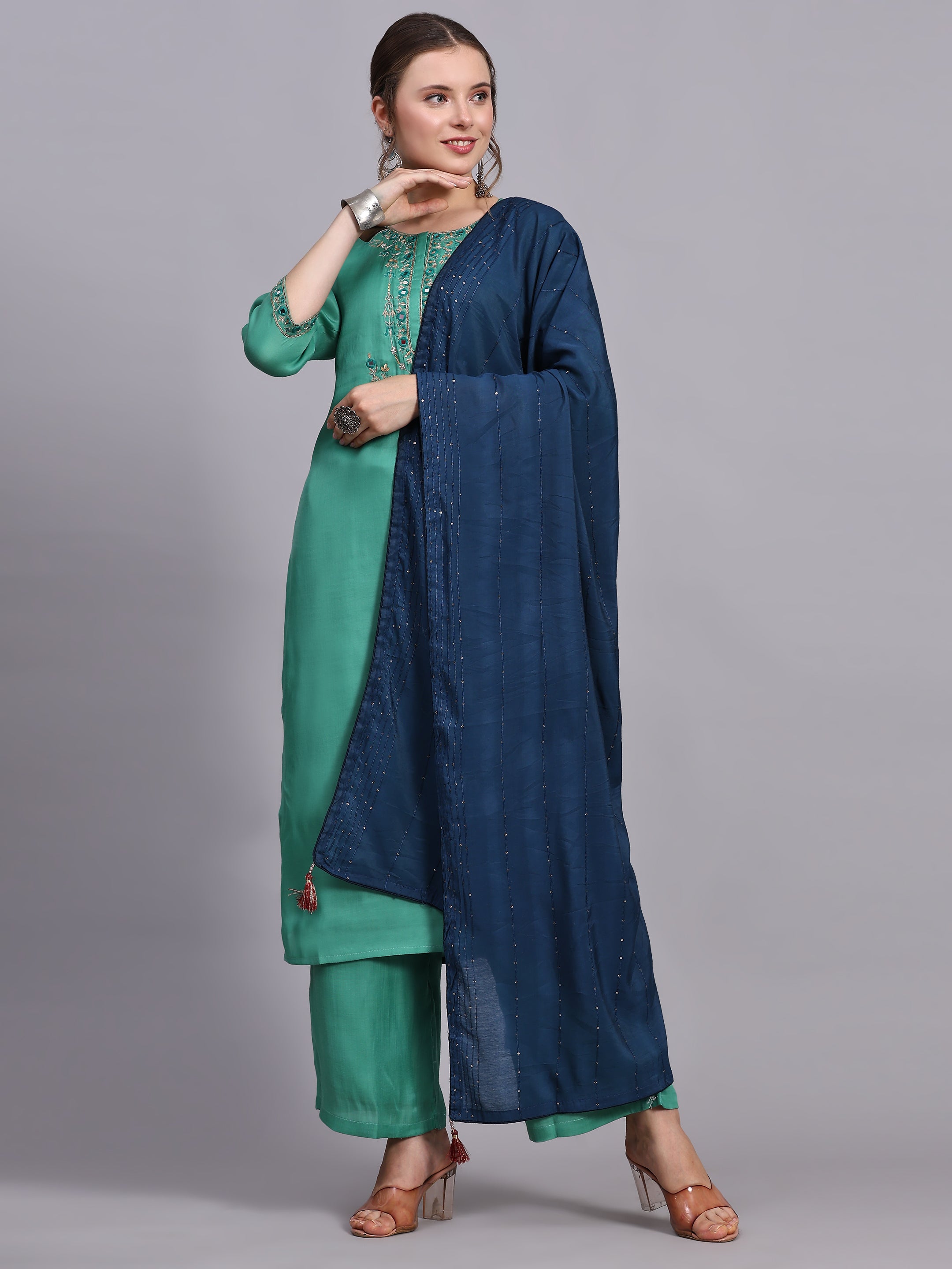 Green Embroidery Viscose Kurta Sets