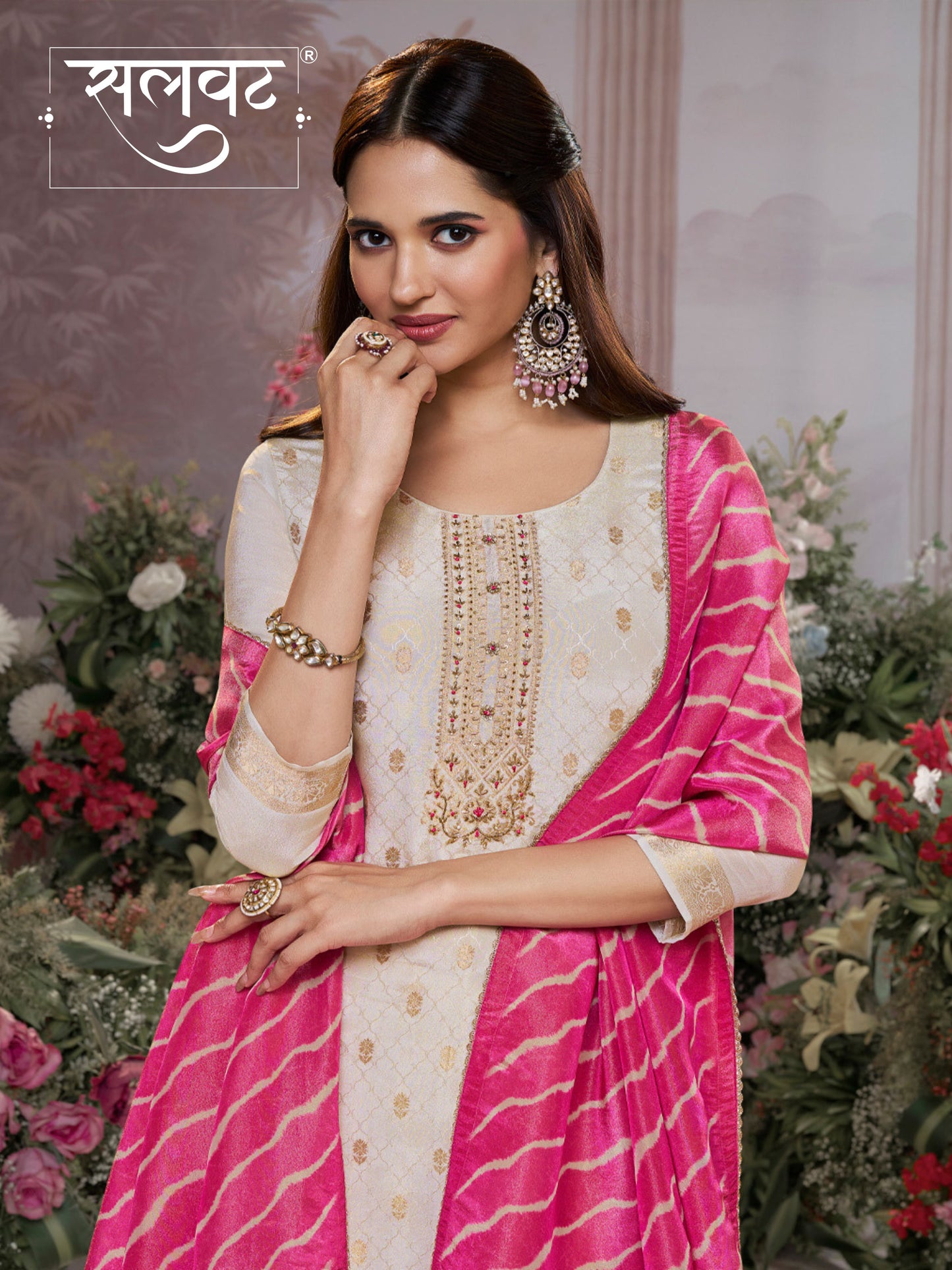 Cream Tissue Jacquard Kurta Set with Pink Contrast Digital Print Dupatta