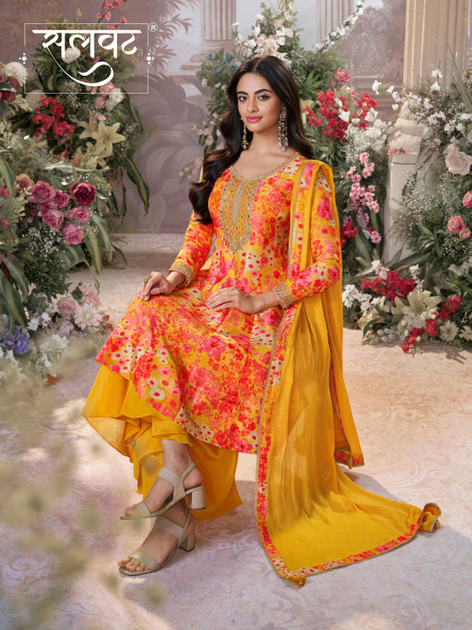 Mustard Russian Silk Mirror Work Sharara Set paired with Chinon Dupatta with Digital Printed Borders