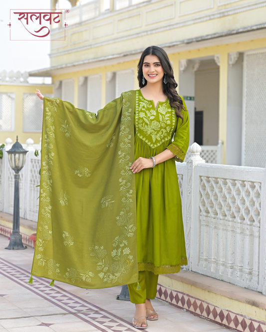 Henna Green Muslin Thread & Zari Embroidered Kurta Set With Printed Dupatta