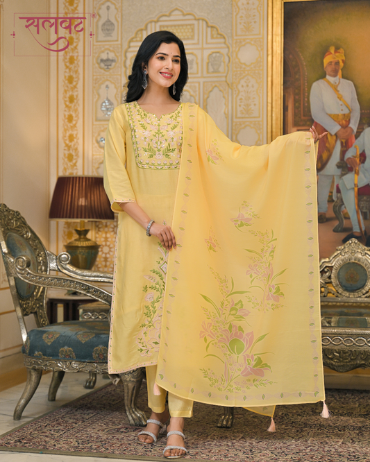 Bright Citrus Yellow Muslin Thread Embroidered Kurta Set With Printed Dupatta