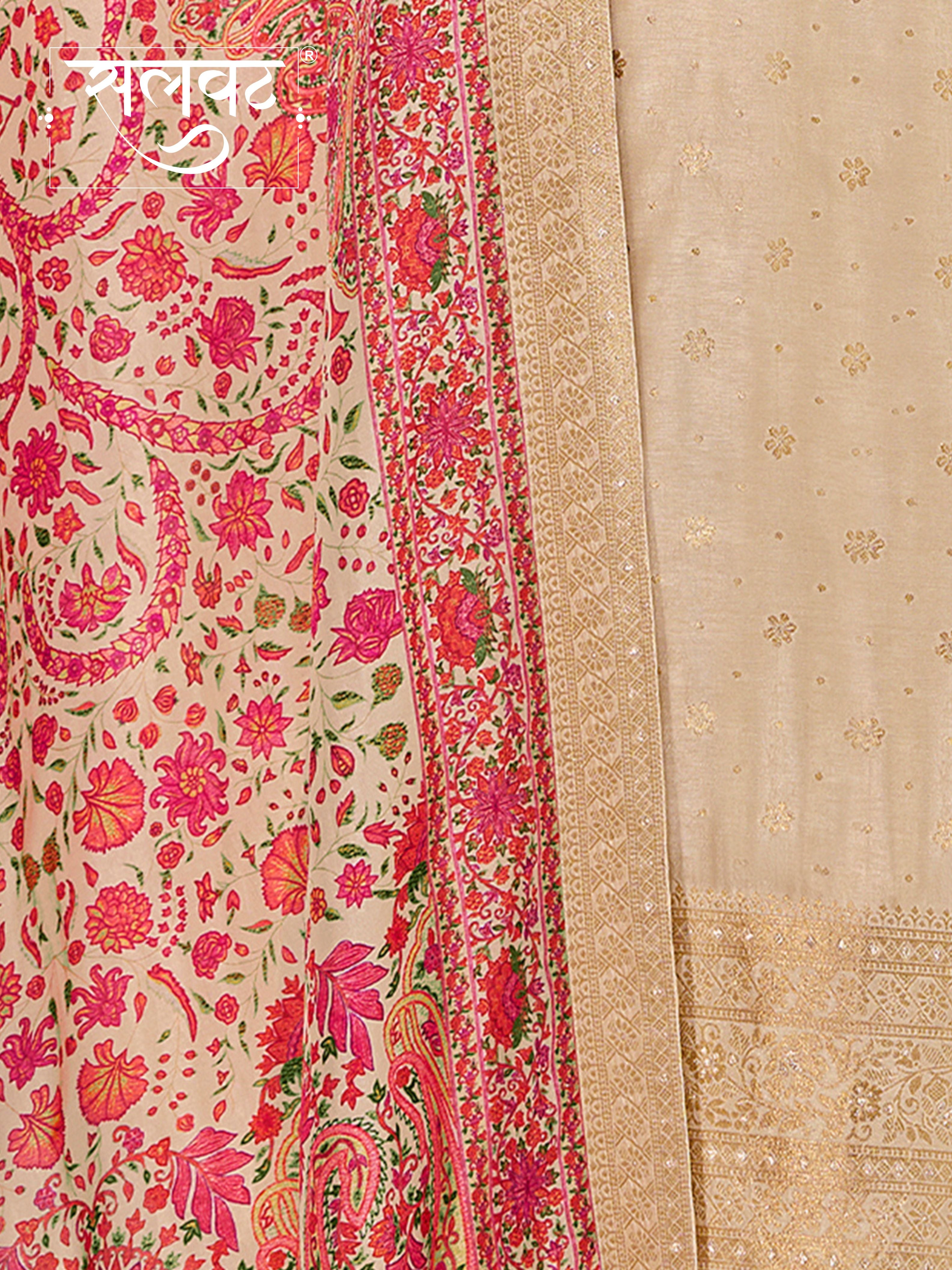 Off-White Dola Silk Kurta Set with Jacquard Detailing and Intricate Embroidery, Paired with a Cherry Silk Dupatta