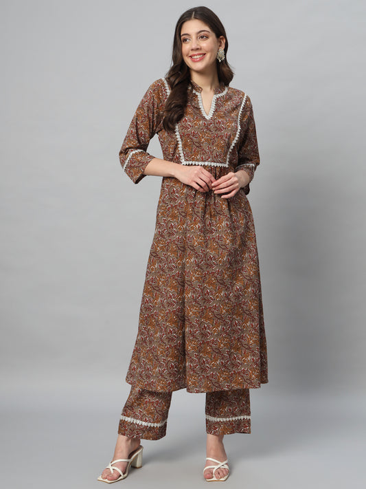Brown Everyday Kurta Set with Lace Detailing