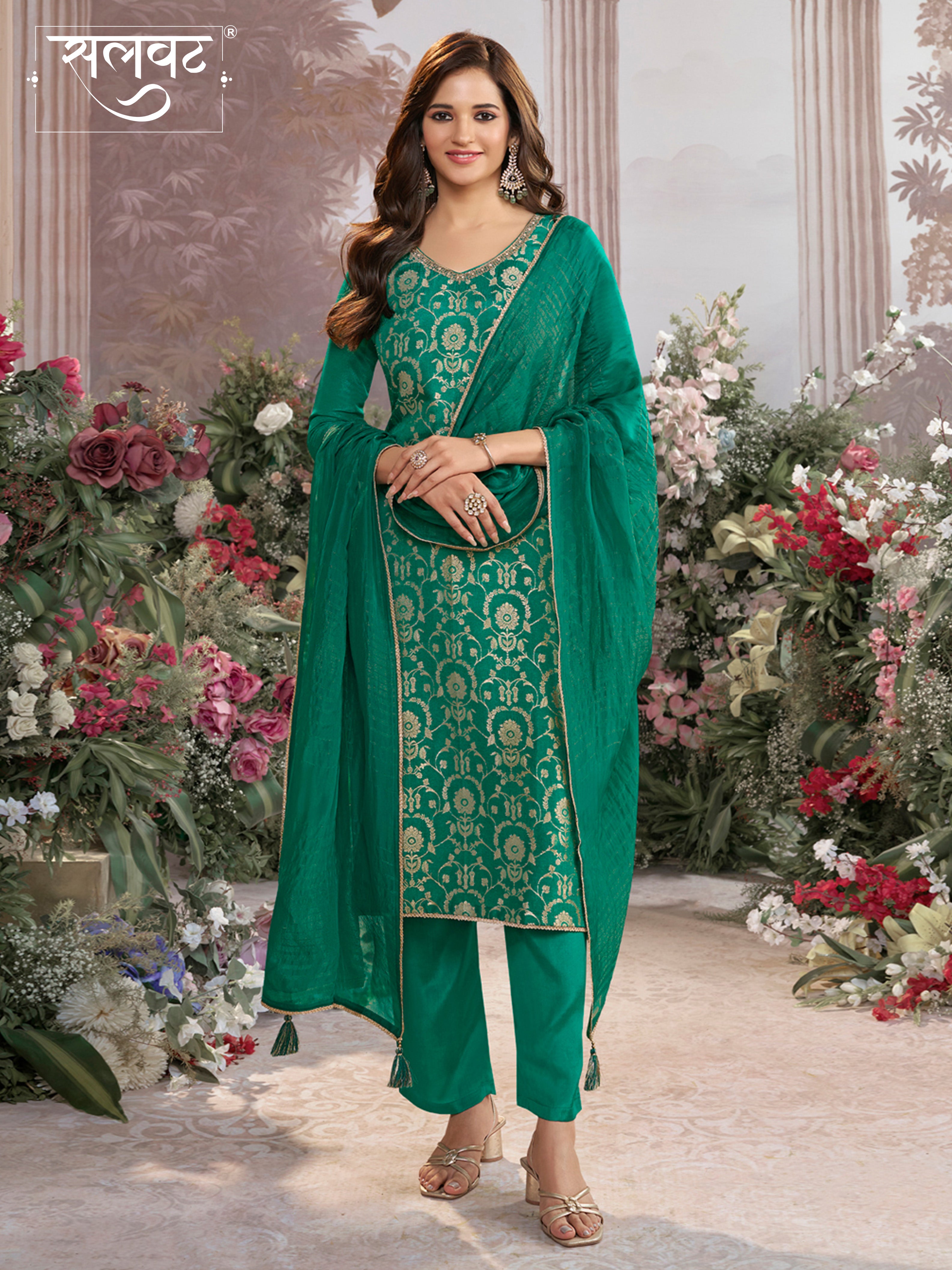 Green Chinon Kurta Set with Jacquard and Zari Work, Paired with an Organza Dupatta