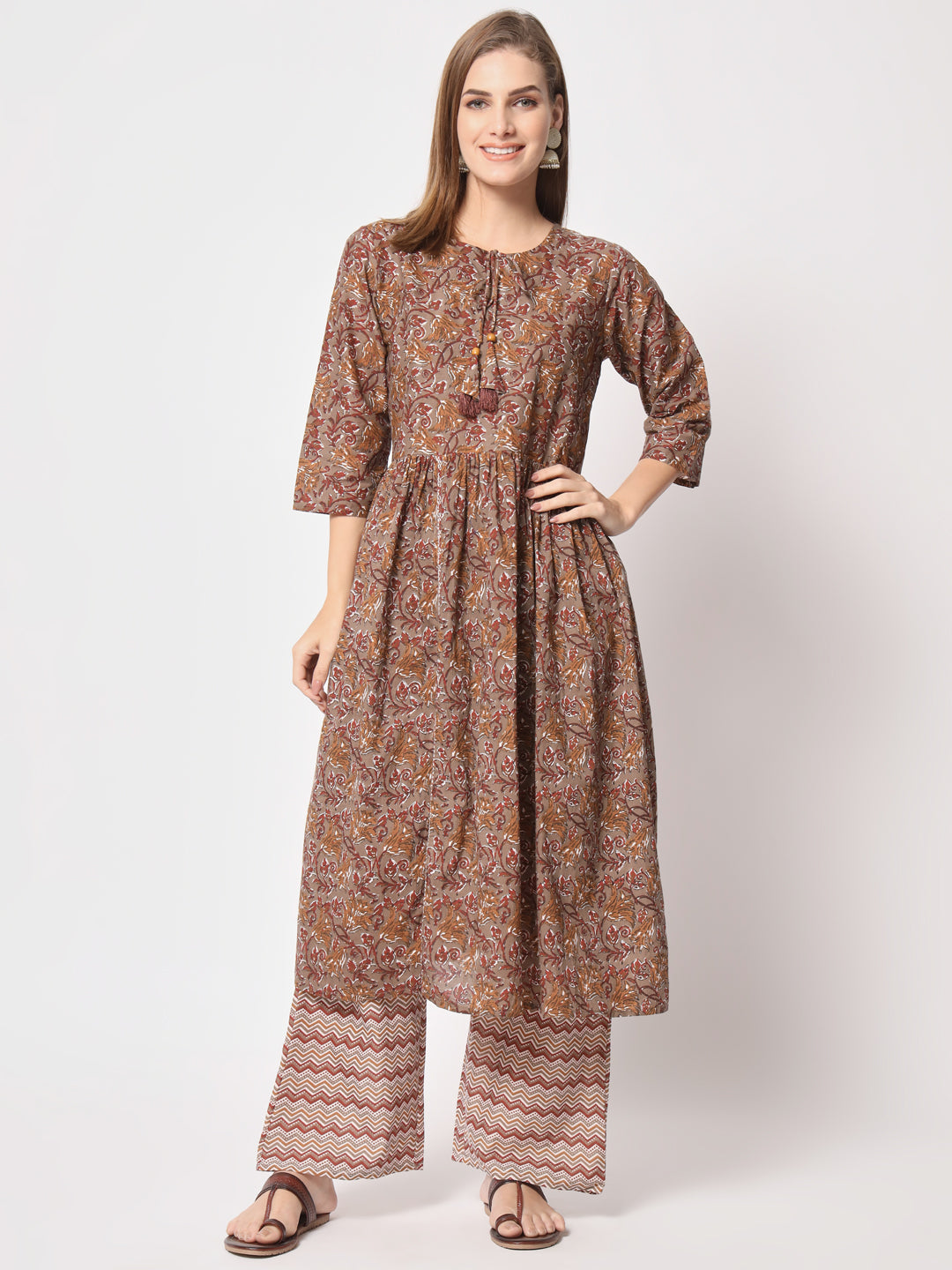 Brown Printed Everyday Cotton Kurta Set