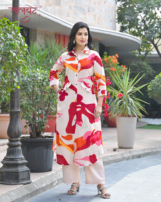Light Beige Pink Wavy Abstract Printed Kurta Set