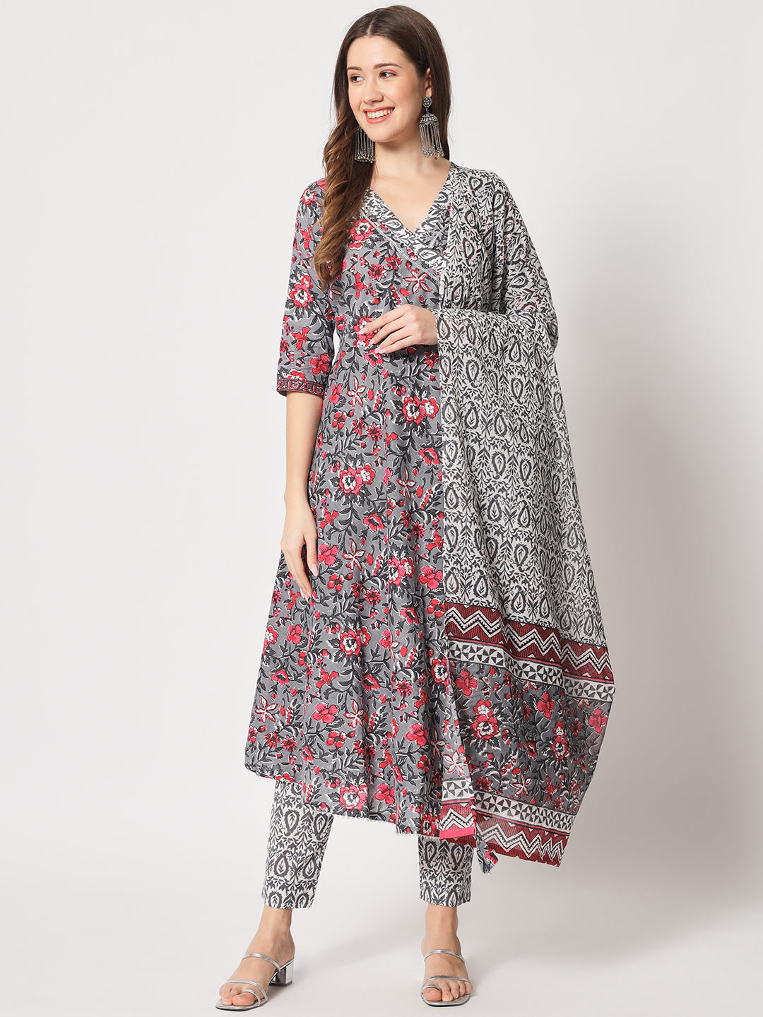 Steel Grey and Fandango Handprinted Angrakha Kurta Set