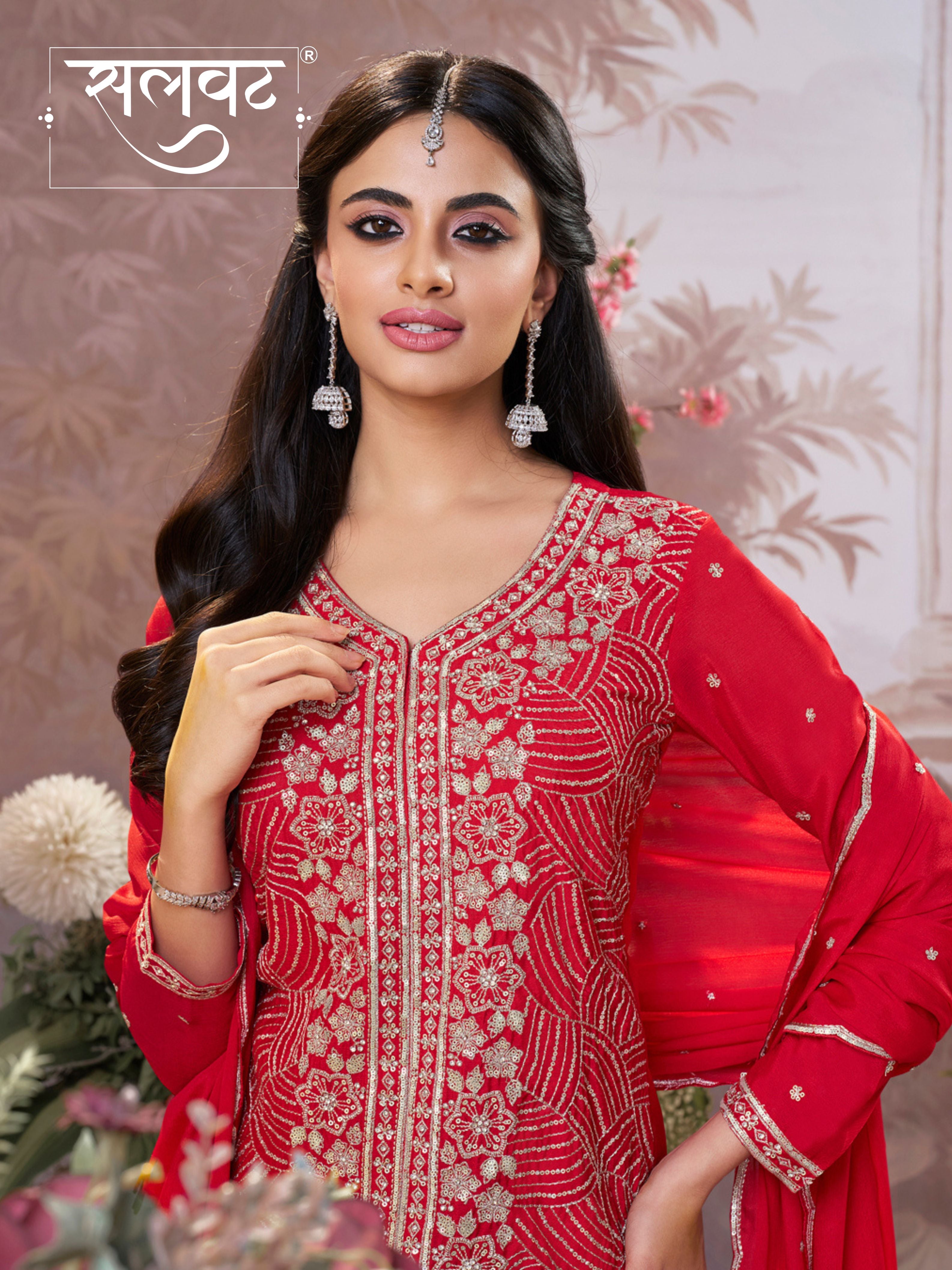 Red Chinon Embroidered Sharara Suit with Butti Work and Sequins Scalloped Border Dupatta
