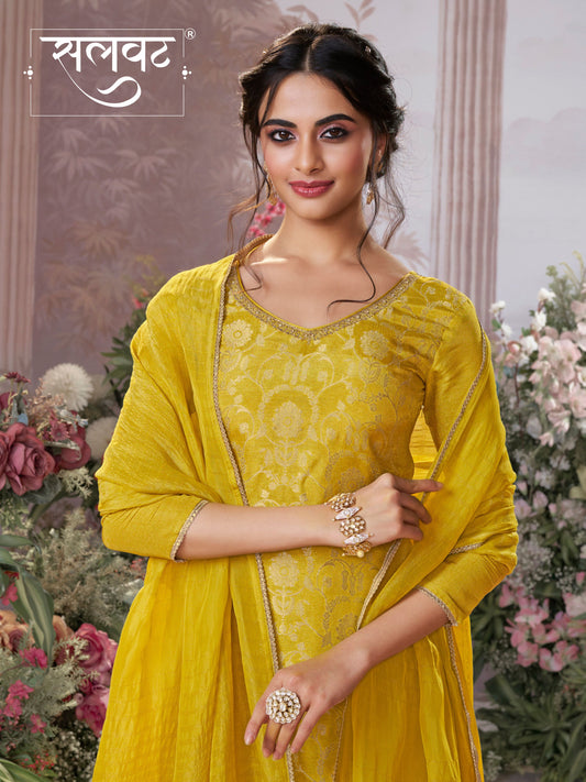 Yellow Chinon Kurta Set with Jacquard and Zari Work, Paired with an Organza Dupatta