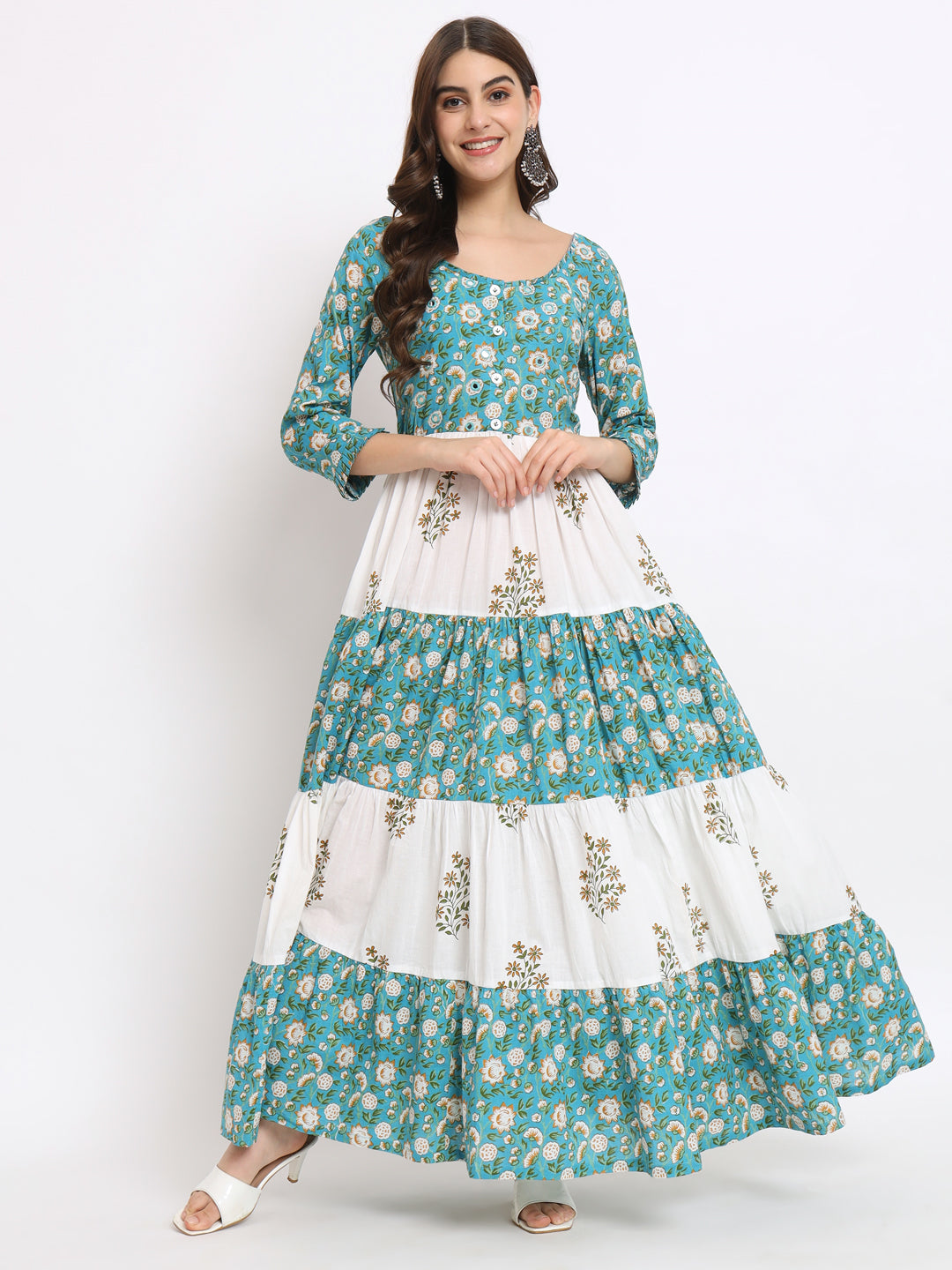 White & Blue Cotton Printed Long Dress