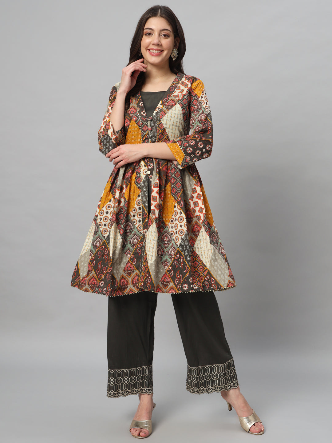 Espresso Brown & Musturd  Blockprinted Shrug Set