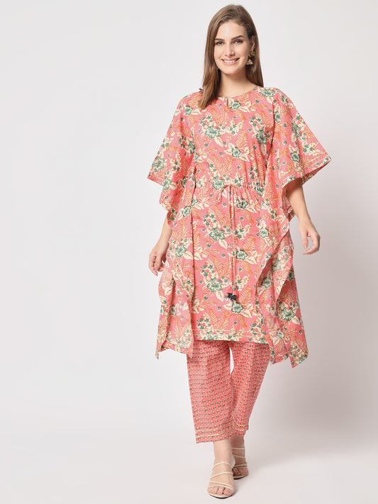 Peach printed pure cotton kaftan set.