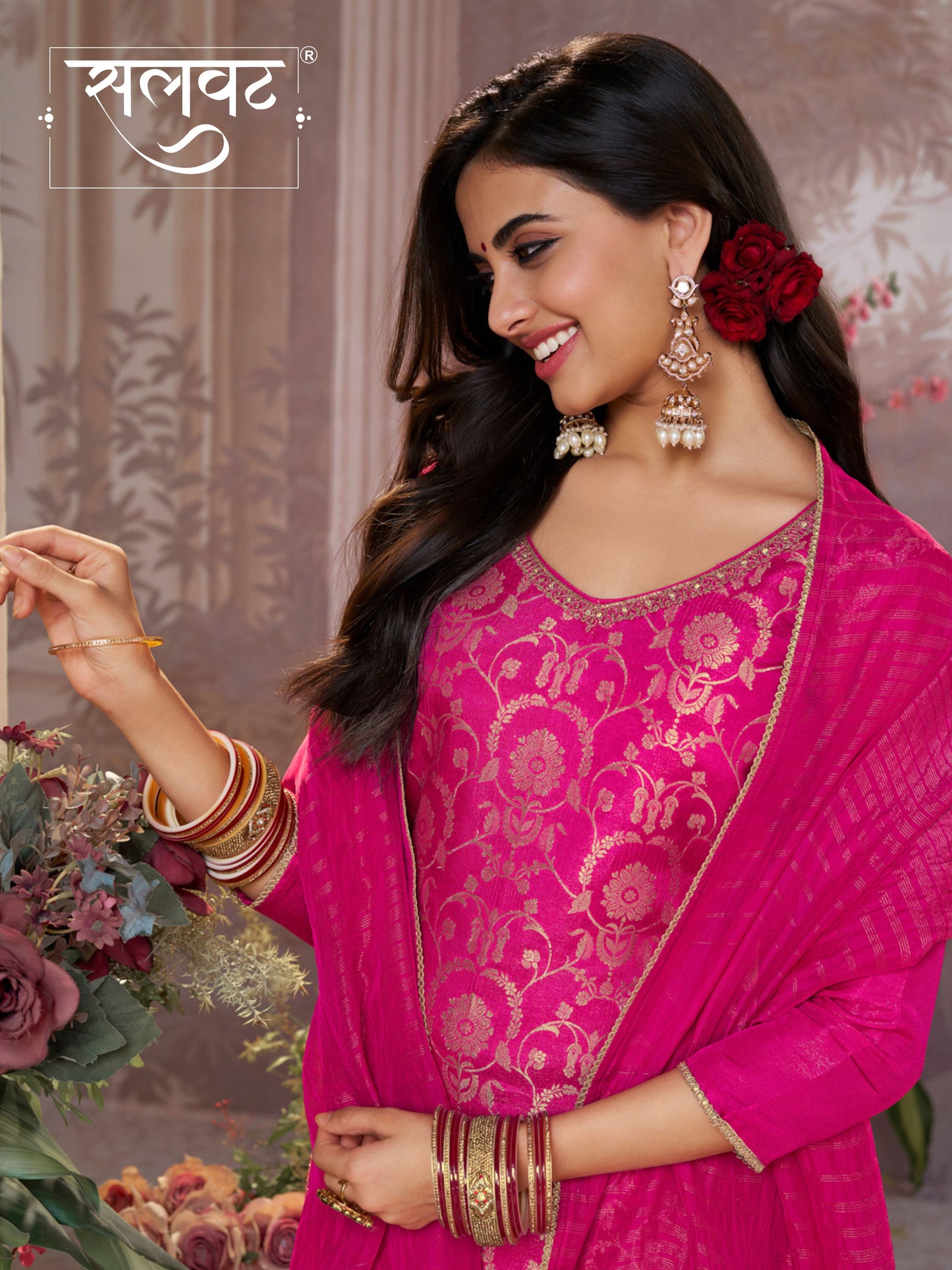 Pink Chinon Kurta Set with Jacquard and Zari Work, Paired with an Organza Dupatta