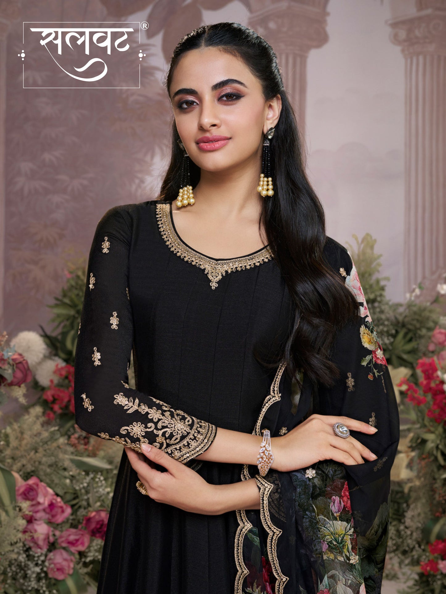Black Vichitra Silk Embroidered Anarkali Set with Digital Printed Chiffon Dupatta