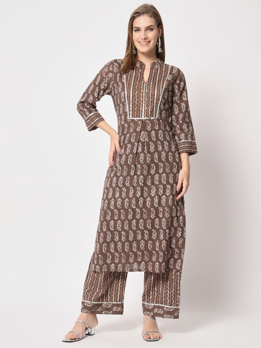 Brown Printed Cotton Kurta Set