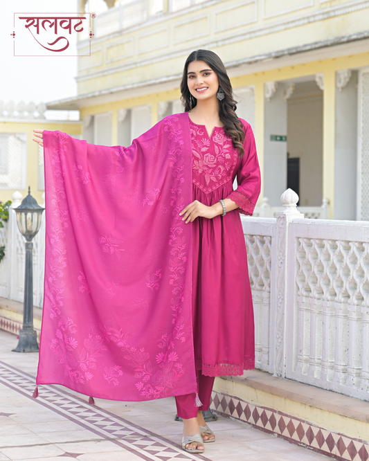 Ruby Garnet Wine Thread & Zari Embroidered Kurta Set With Printed Dupatta