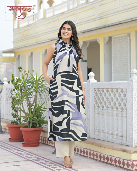 Plae Blue Grey Abstract Printed Kurta Set