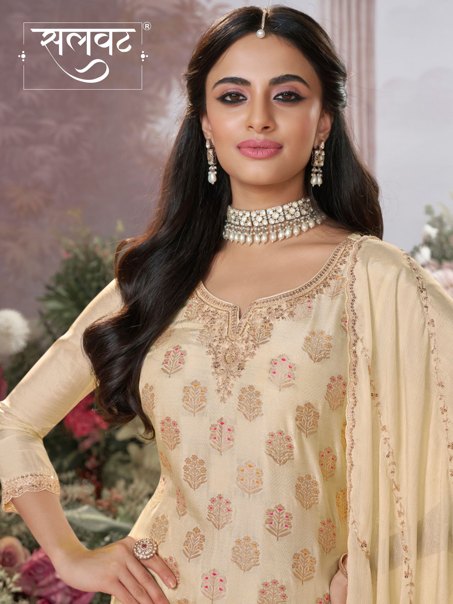 White Dola Silk Meena Jacquard Kurta Set Paired With Embroidered Sharara Suit Set