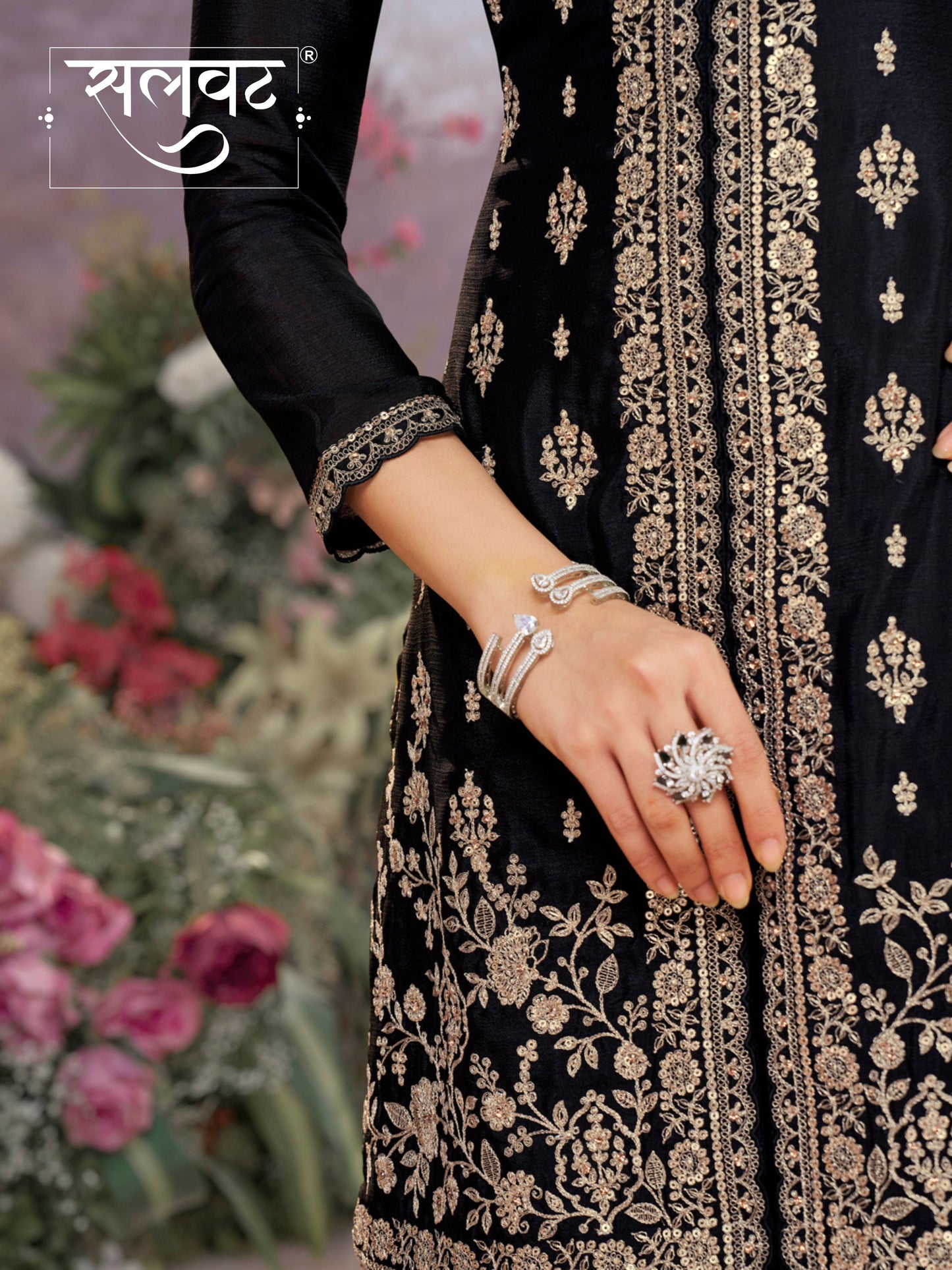 Black Chinon Kurta Set with Embroidered Work Paired with Digital Printed Dola Silk Dupatta