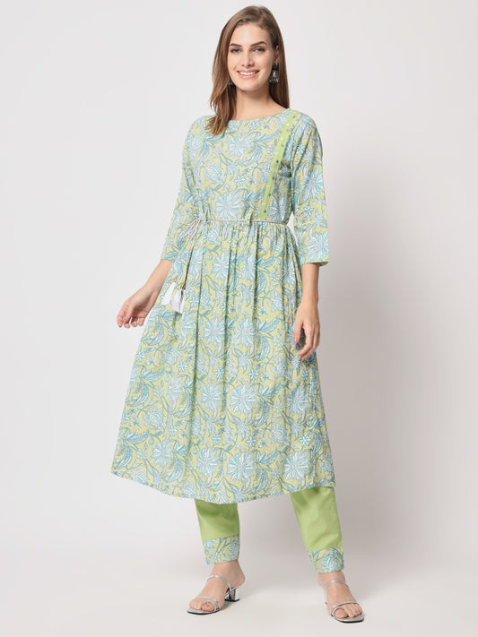 Easy, breezy and beautifully tailored- Green and blue printed kurta set with rope belt for everyday wear.