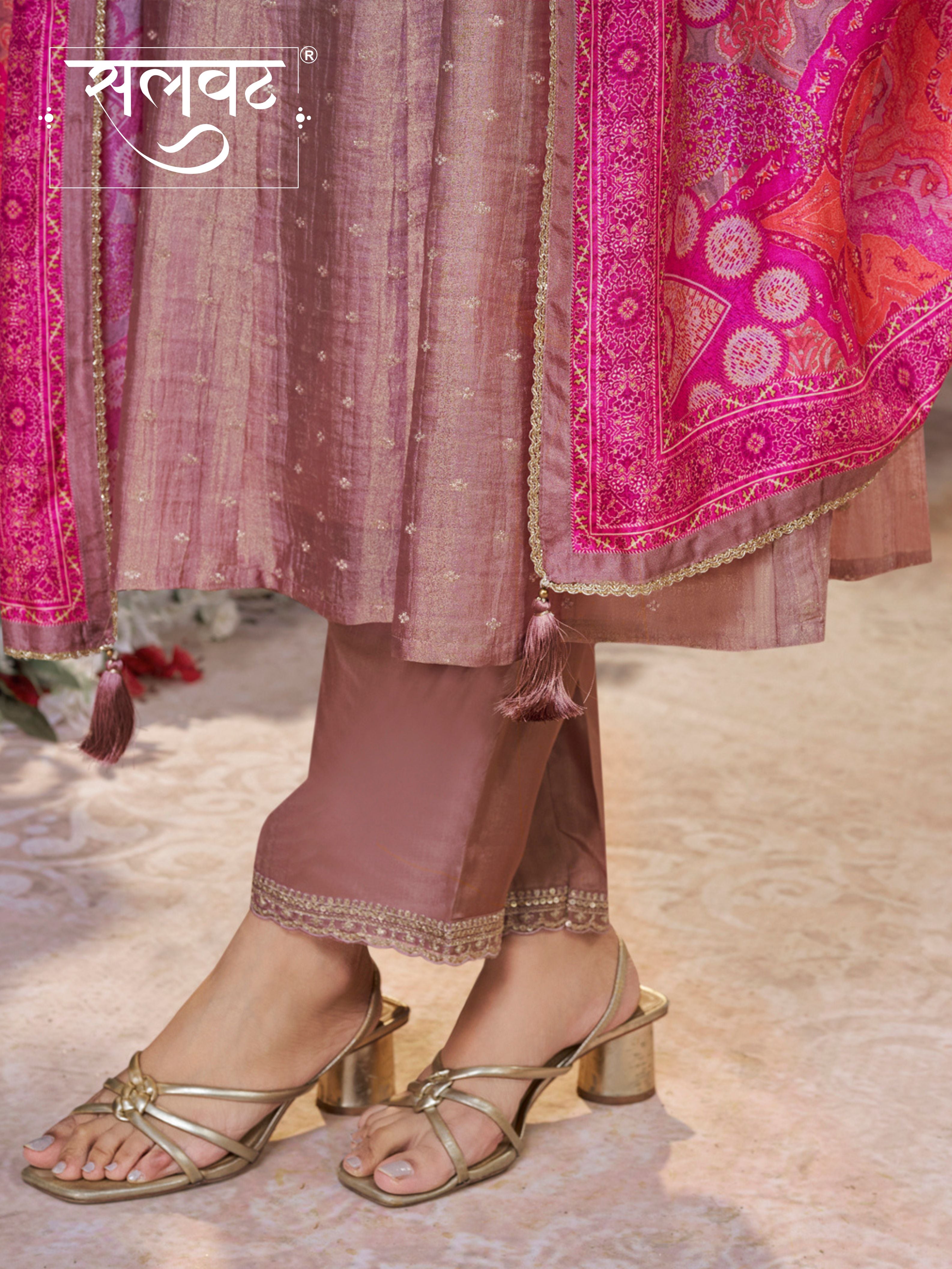 Dusty Rose Tissue Silk Embroidered Anarkali Suit Set with Contrast Digital Print Russian Silk Dupatta