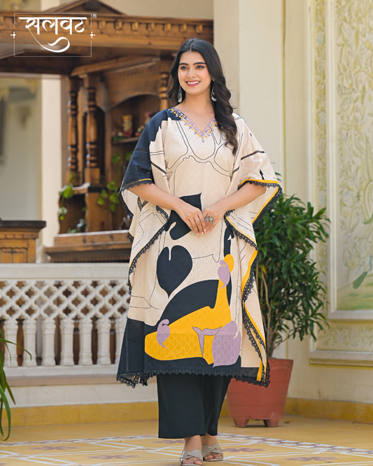 Light Beige Abstract Printed Handwork Kaftan Set