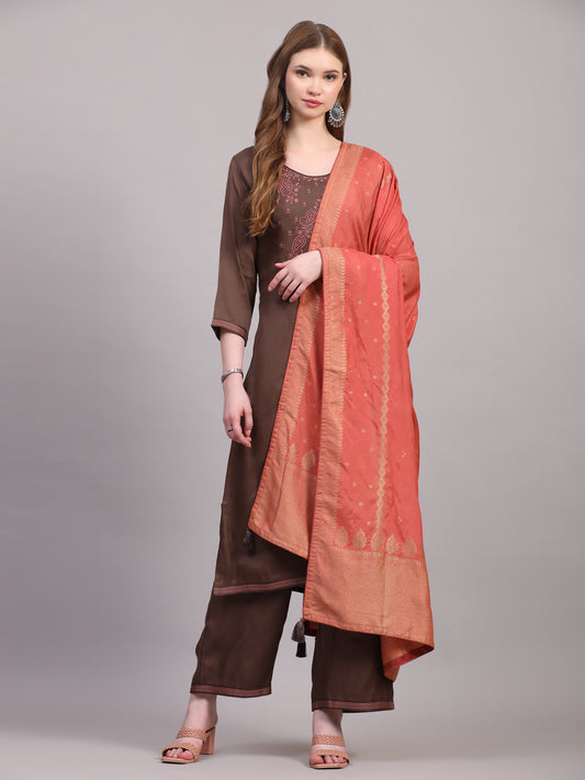 Brown Zari Embroidered Suit Set with Dola Silk Dupatta