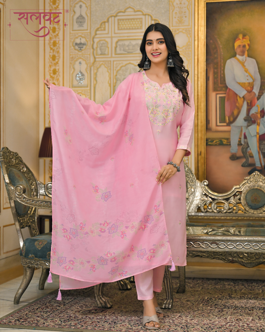 Rose Quartz Embroidered Kurta Set With Printed Dupatta