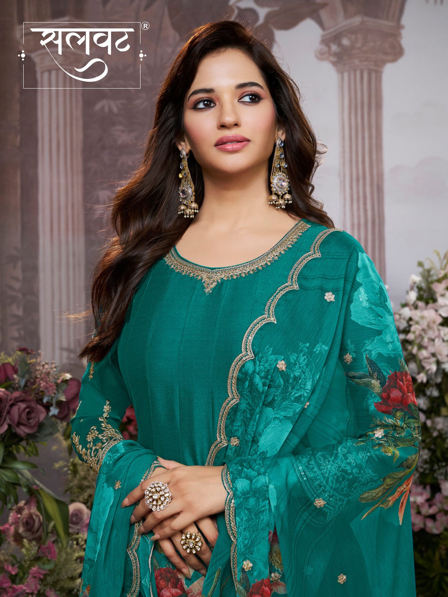 Green Vichitra Silk Embroidered Anarkali Set with Digital Printed Chiffon Dupatta