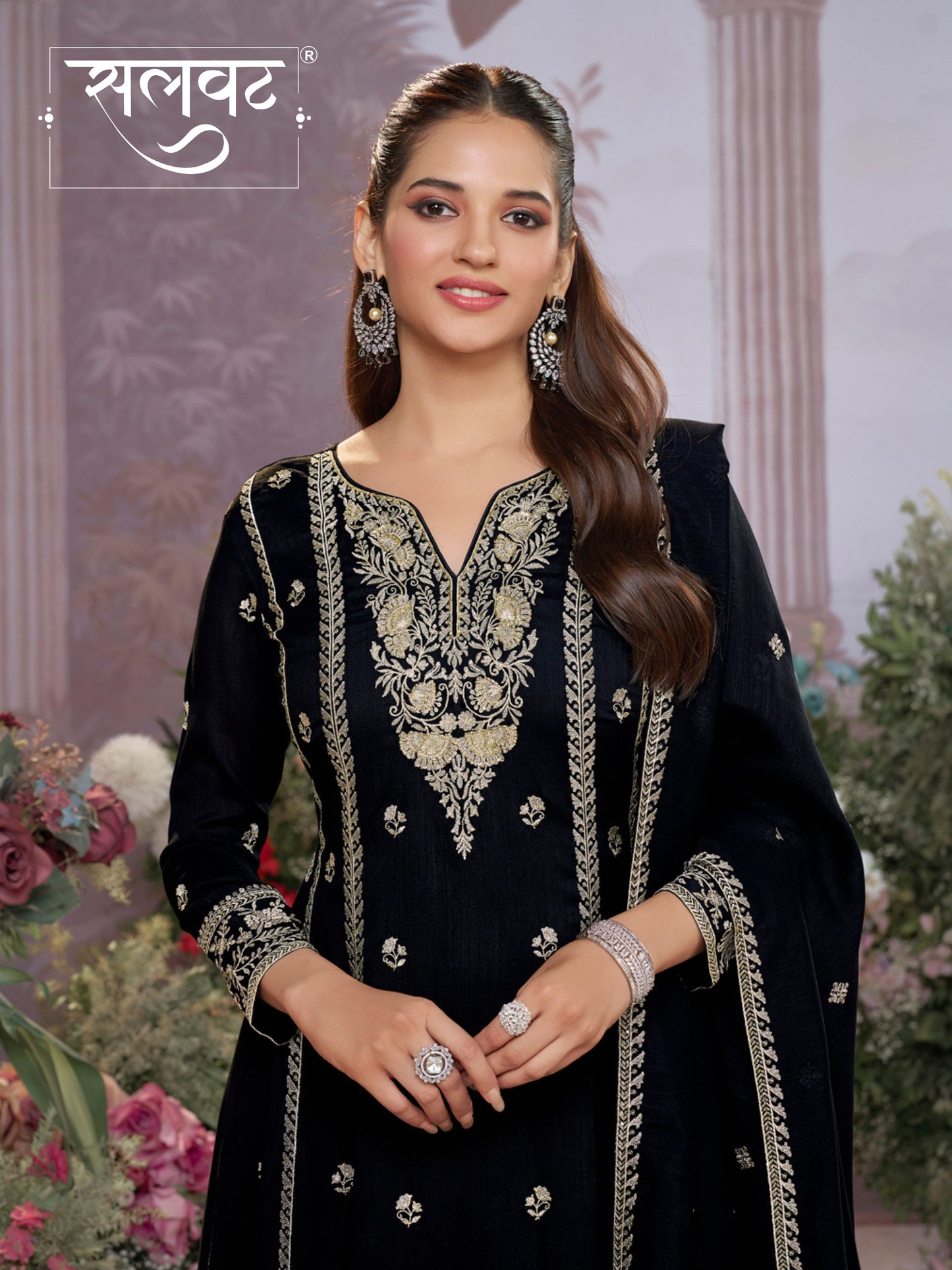 Black Vichitra Silk Kurta Suit Set with Embroidered Work Paired with Vichitra Silk Dupatta with Embroidered Work
