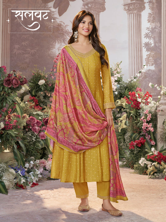 Mustard Tissue Silk Embroidered Anarkali Suit Set with Contrast Digital Print Russian Silk Dupatta
