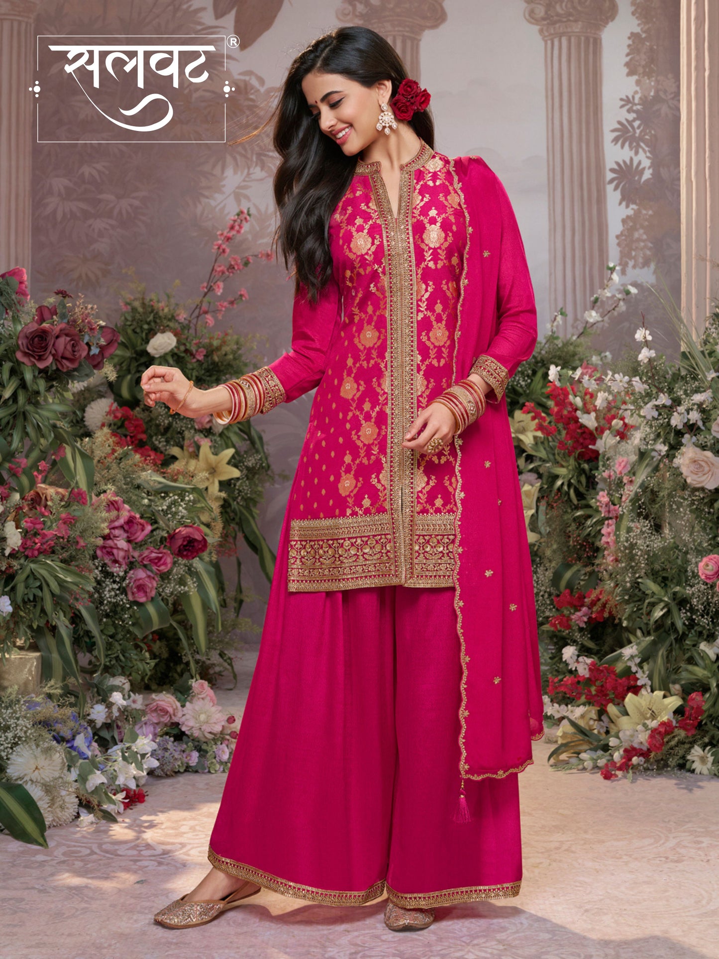 Hot Pink Chinon Kurta Set with Heavy Jacquard Work Paired with Chinon Dupatta with Embroidered Work.