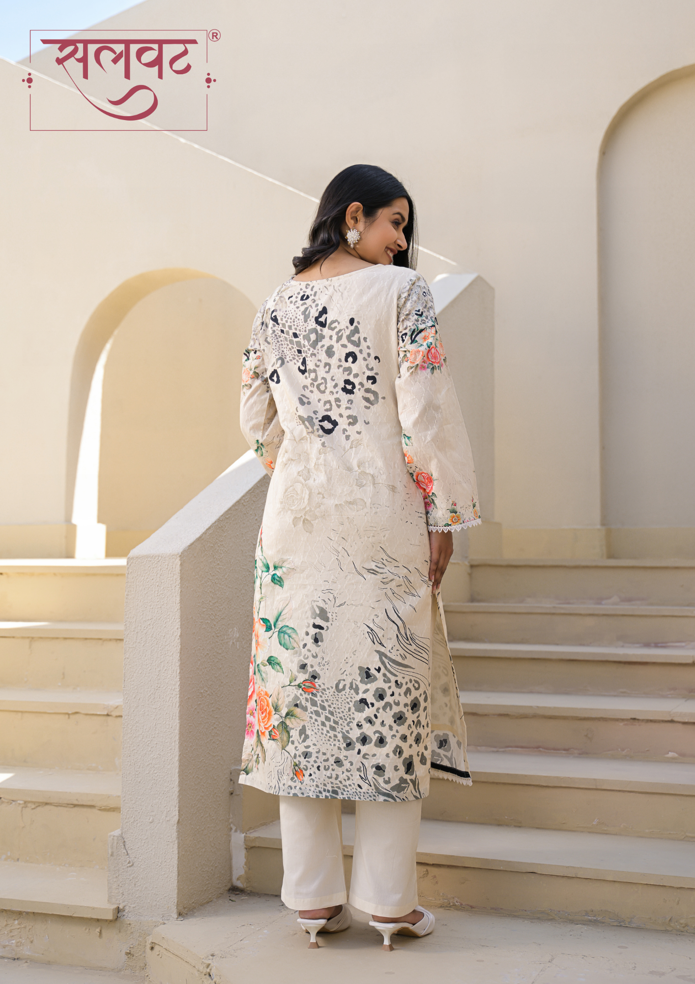 Cream Floral Printed Handwork Kurta Set With Printed Dupatta