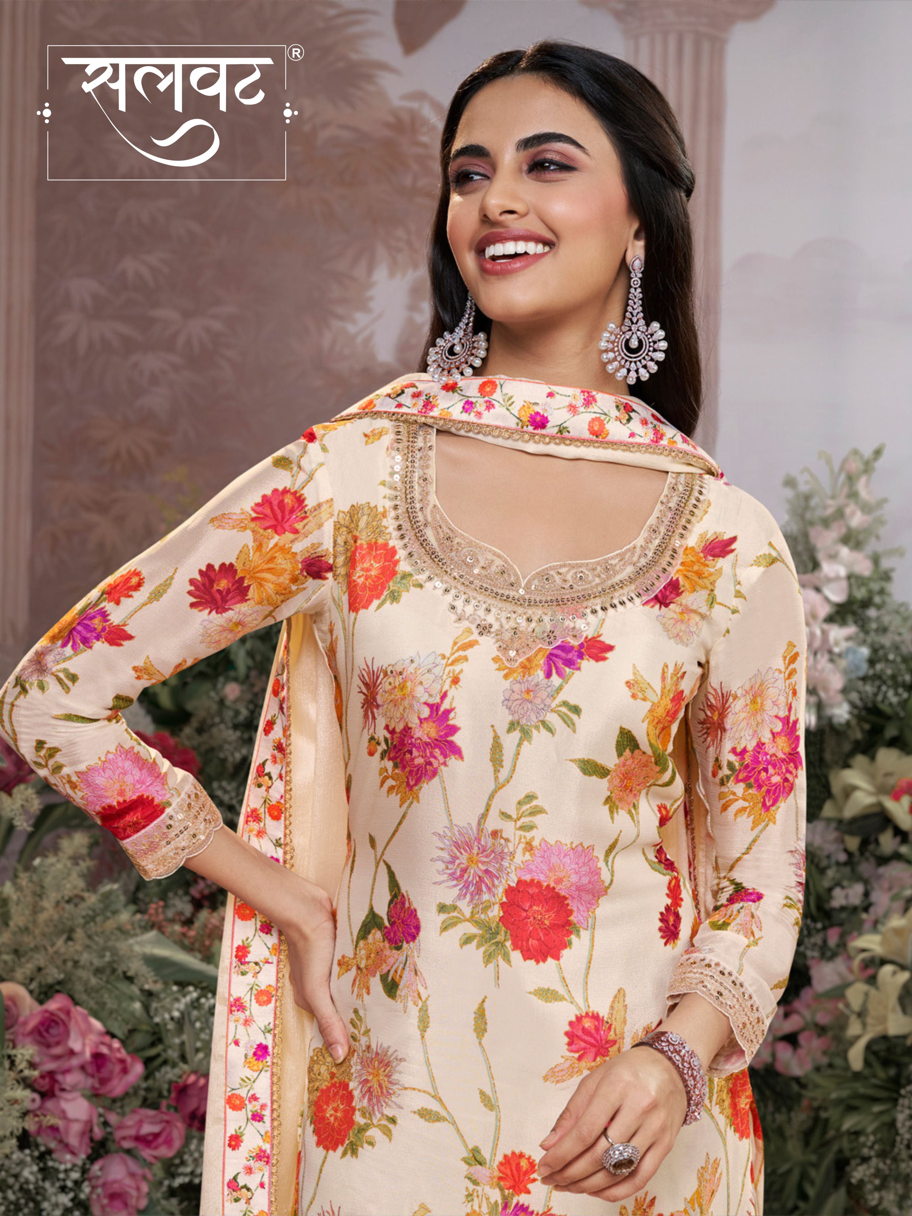 Off-White Chinon Sharara Set with Floral Print and Embroidery