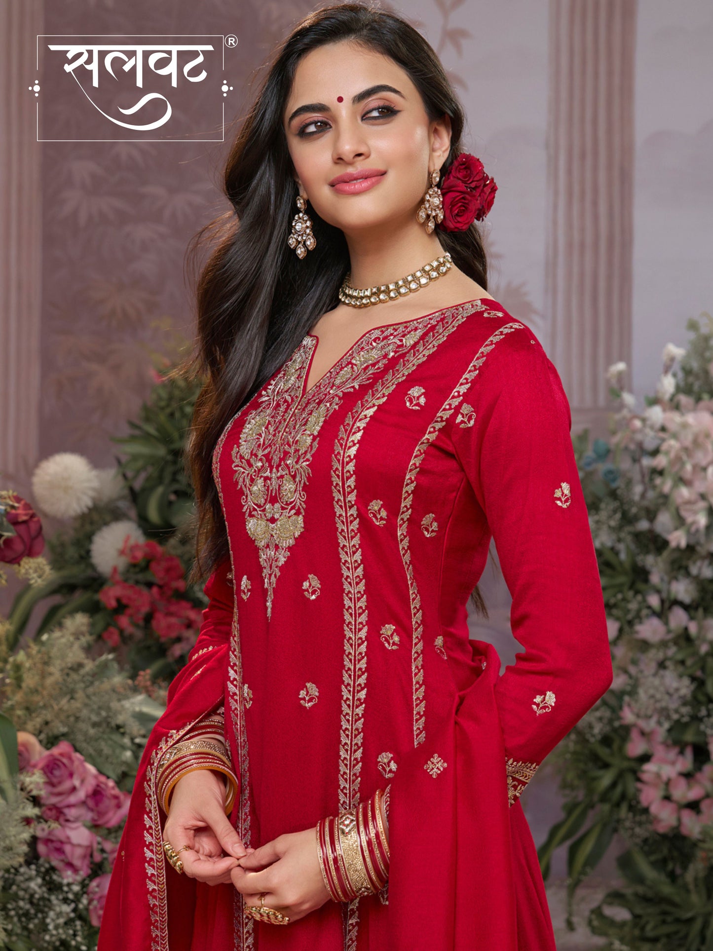 Red Vichitra Silk Kurta Suit Set with Embroidered Work Paired with Vichitra Silk Dupatta with Embroidered Work