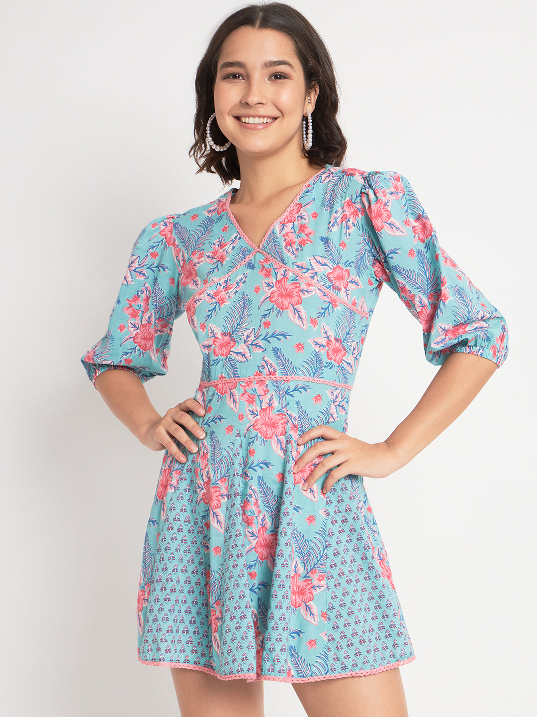 Tame Teal and Cherry Blossom Short Dress