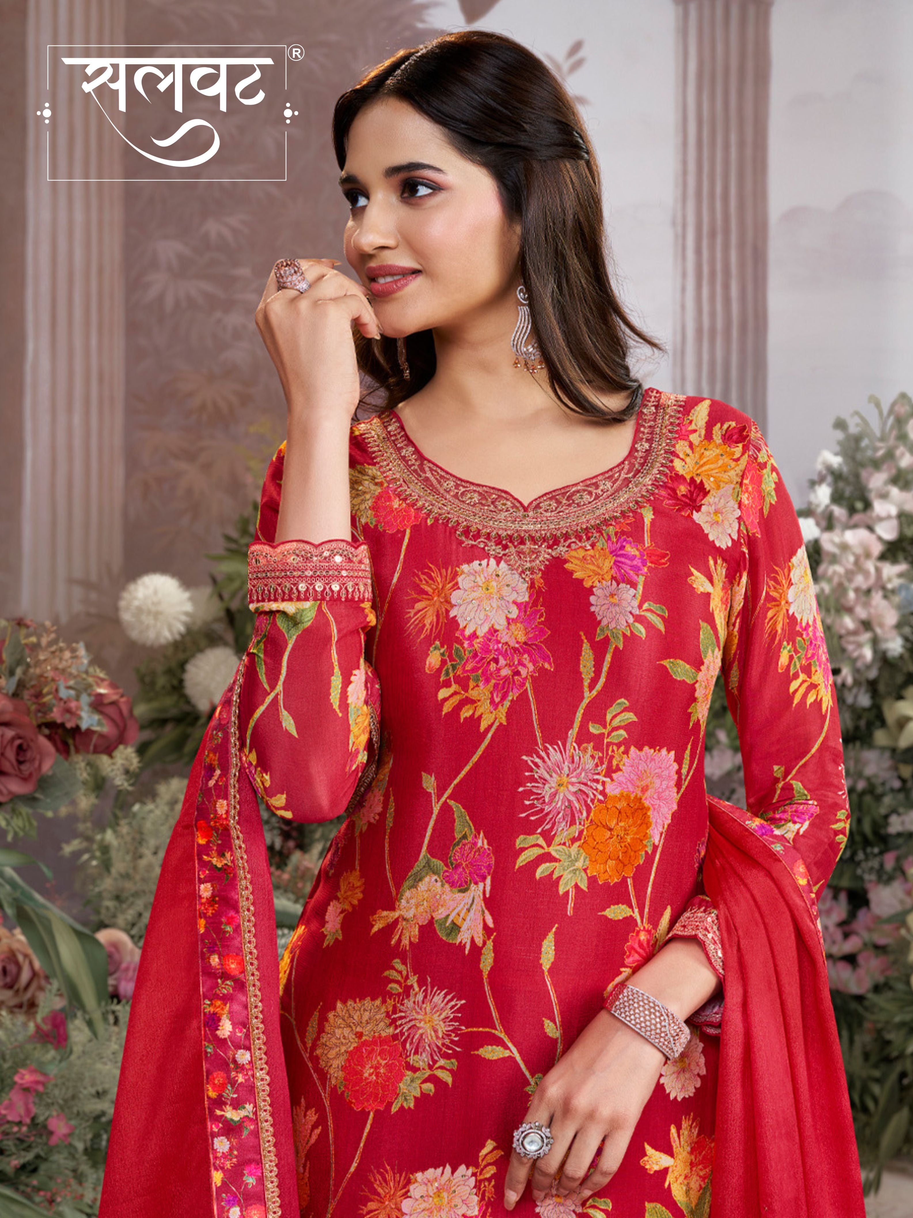 Red Chinon Sharara Set with Floral Print and Embroidery