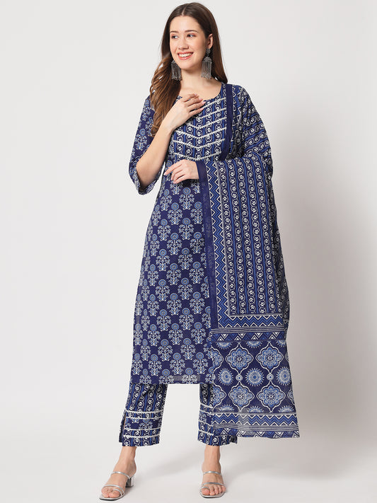 Navy blue printed cotton kurta set with dupatta.