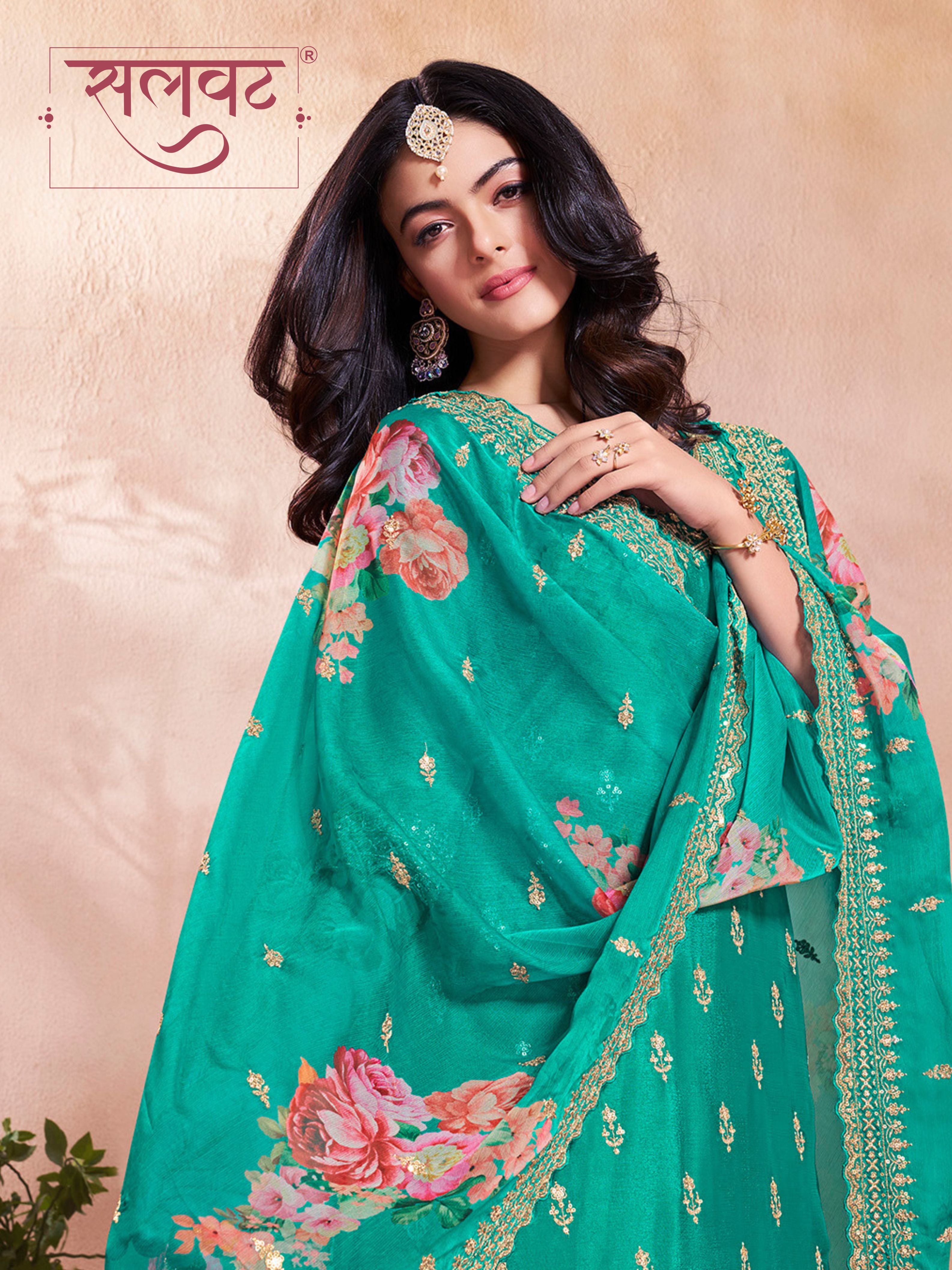 Teal Green Butti Floral pattern Sequins Embroidered Sharara Suit Set