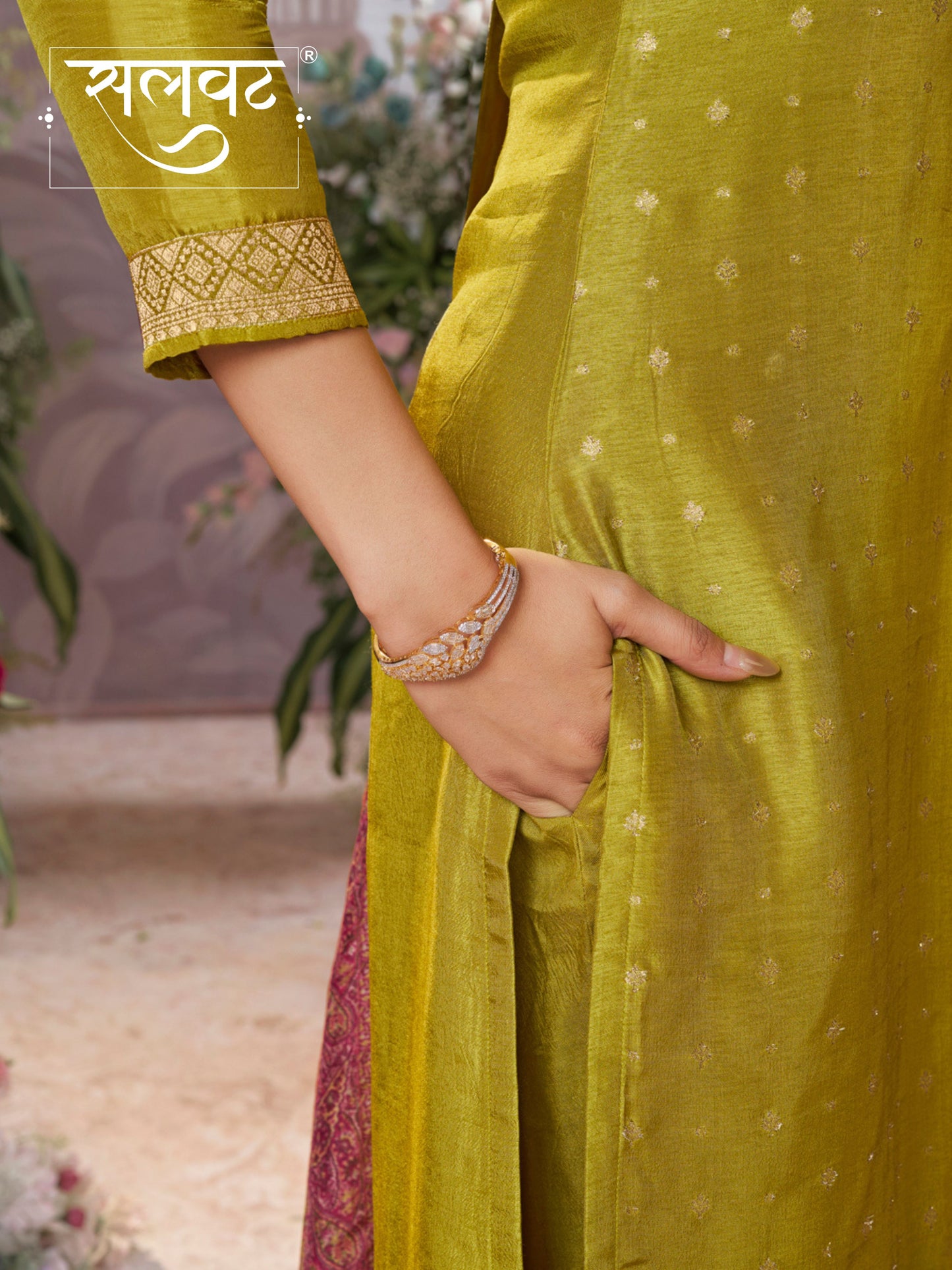 Yellow Dola Silk Kurta Set with Jacquard Detailing and Intricate Embroidery, Paired with a Cherry Silk Dupatta