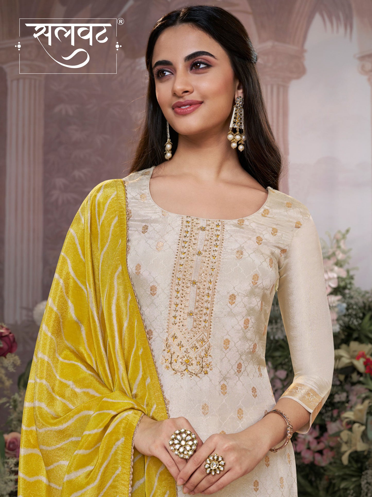 Cream Tissue Jacquard Kurta Set with Yellow Contrast Digital Print Dupatta