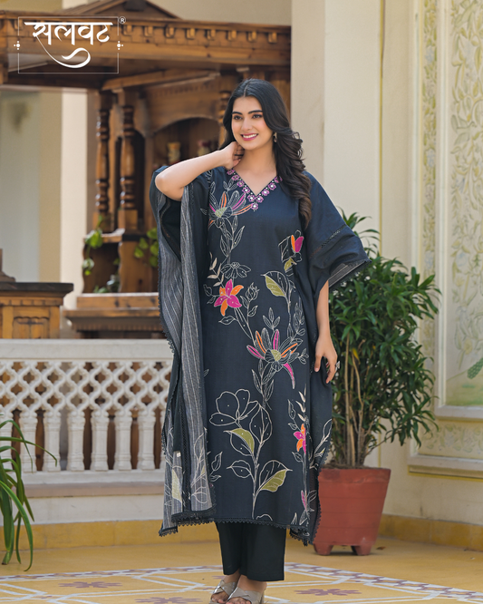 Charcoal Black Abstract Printed Handwork Kaftan Set