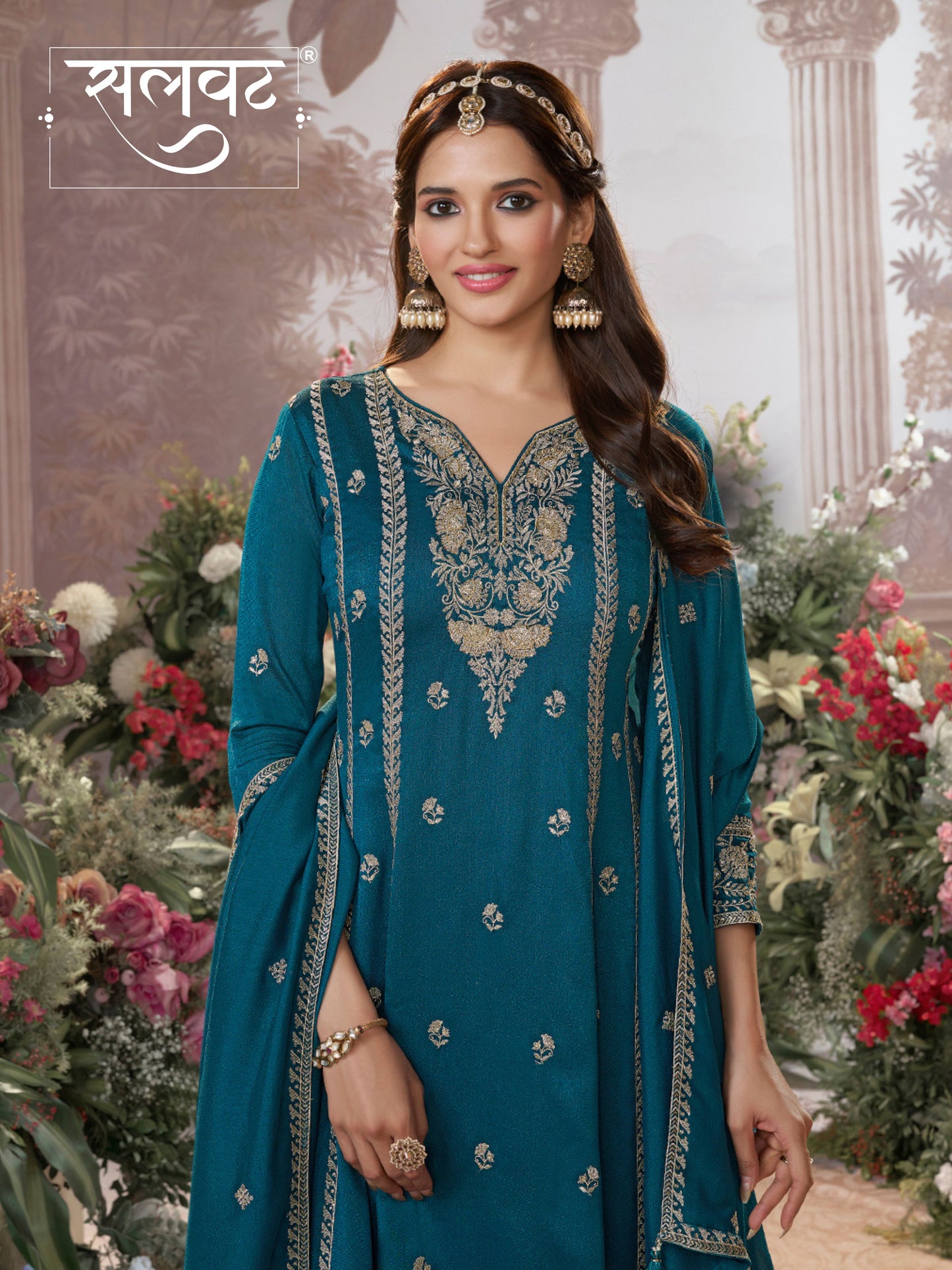 Blue Vichitra Silk Kurta Suit Set with Embroidered Work Paired with Vichitra Silk Dupatta with Embroidered Work