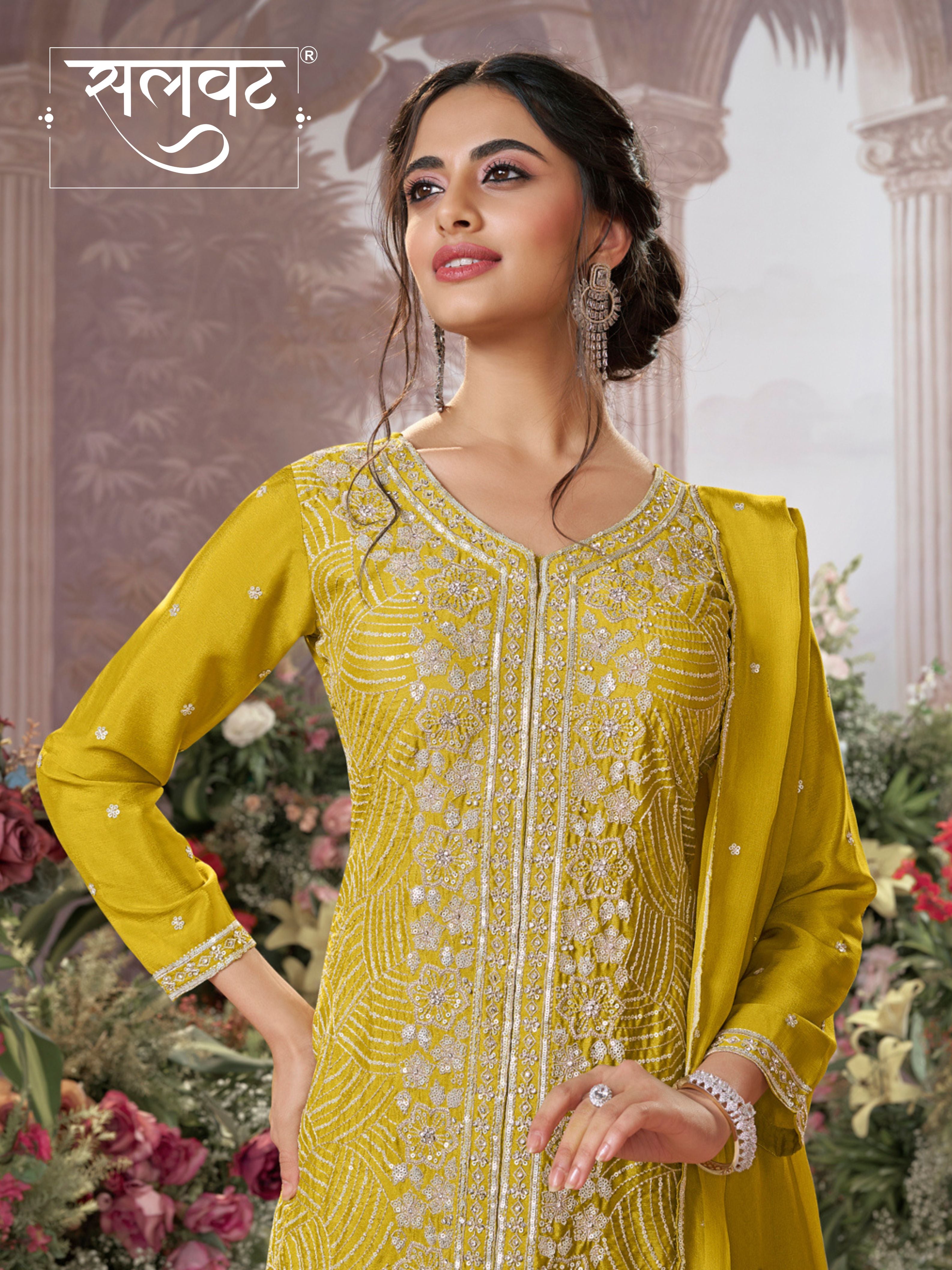Yellow Chinon Embroidered Sharara Suit with Butti Work and Sequins Scalloped Border Dupatta